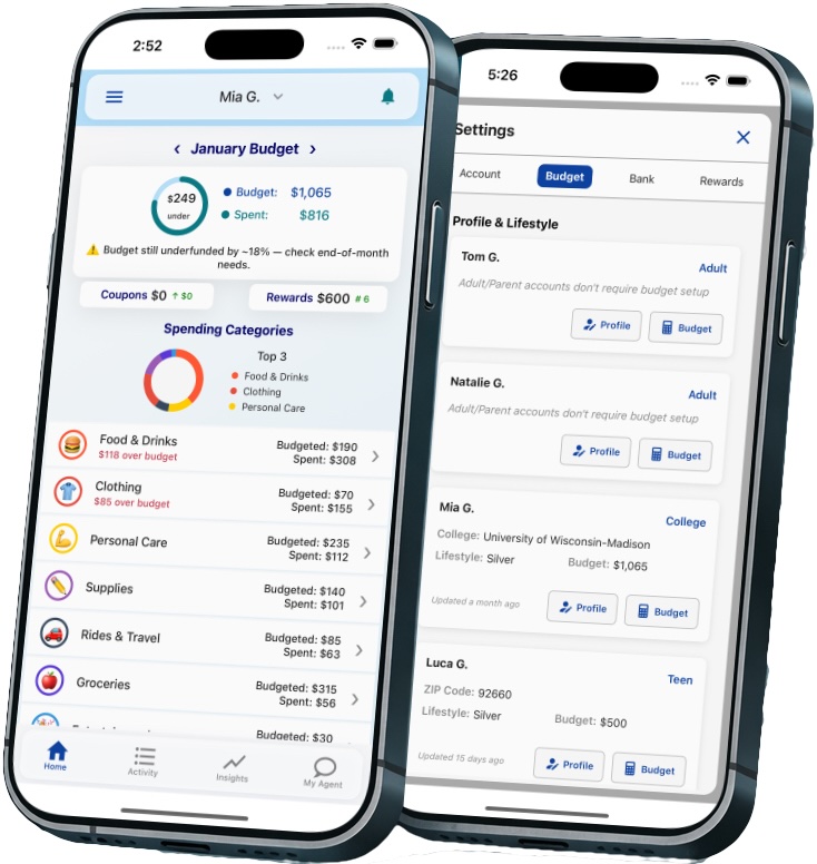 FamFi app screens showing family money tools